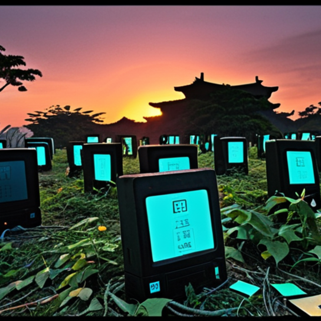 **

Prompt: "A digital graveyard scene. Overgrown with vines, old computer hardware (floppy disks, hard drives) are tombstones.  Glowing ethereal data fragments float around, fading away. Dramatic lighting, slightly melancholic tone.  Modern Chinese Simplified calligraphy on one tombstone: '数字日落' (Digital Sunset)."

**