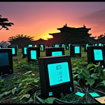 **

Prompt: "A digital graveyard scene. Overgrown with vines, old computer hardware (floppy disks, hard drives) are tombstones.  Glowing ethereal data fragments float around, fading away. Dramatic lighting, slightly melancholic tone.  Modern Chinese Simplified calligraphy on one tombstone: '数字日落' (Digital Sunset)."

**