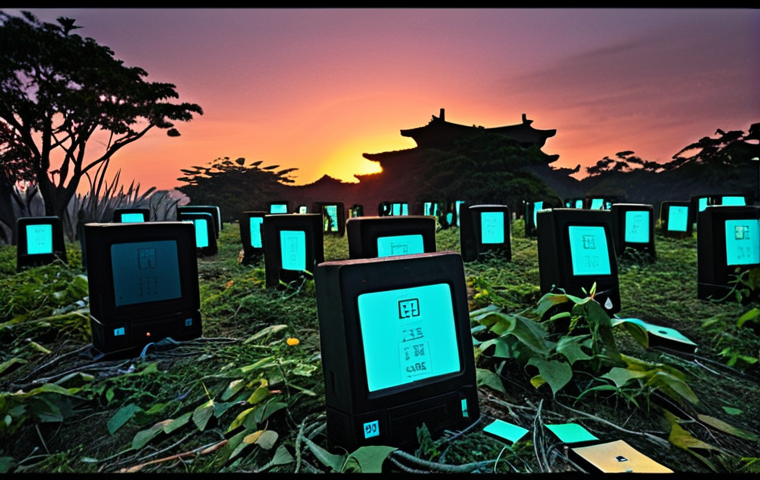 **

Prompt: "A digital graveyard scene. Overgrown with vines, old computer hardware (floppy disks, hard drives) are tombstones.  Glowing ethereal data fragments float around, fading away. Dramatic lighting, slightly melancholic tone.  Modern Chinese Simplified calligraphy on one tombstone: '数字日落' (Digital Sunset)."

**