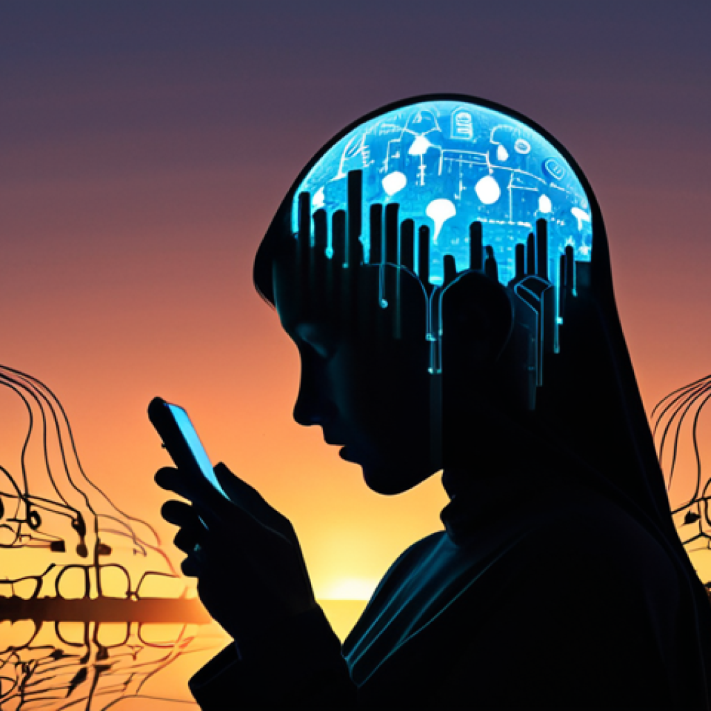 **

A person's silhouette fading into a sunset composed of data streams and digital icons (social media logos, email symbols, cloud storage icons). The foreground shows a ghostly outline of a smartphone. The overall mood is melancholic and reflective, hinting at the ephemeral nature of digital existence.

**