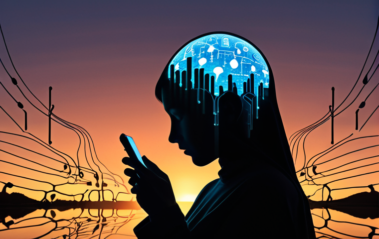 **

A person's silhouette fading into a sunset composed of data streams and digital icons (social media logos, email symbols, cloud storage icons). The foreground shows a ghostly outline of a smartphone. The overall mood is melancholic and reflective, hinting at the ephemeral nature of digital existence.

**