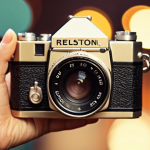 **

A retro-style film camera being held by a person with trendy clothing, bokeh background with warm vintage tones. Emphasis on texture and light.

**