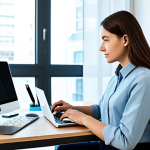 A professional individual, fully clothed in a modest business casual outfit, sitting at a clean desk in a modern, well-lit home office. They are calmly viewing a laptop screen that displays a clear, user-friendly interface for digital service data migration, showing progress bars and easy-to-understand instructions. The overall scene emphasizes transparency and preparedness in digital service termination. The lighting is soft and natural. safe for work, appropriate content, fully clothed, professional, perfect anatomy, correct proportions, natural pose, well-formed hands, proper finger count.