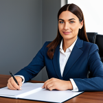 **

Professional businesswoman in a modest business suit, sitting at a desk in a modern office, fully clothed, appropriate attire, safe for work, perfect anatomy, natural proportions, professional photography, high quality, family-friendly.

**