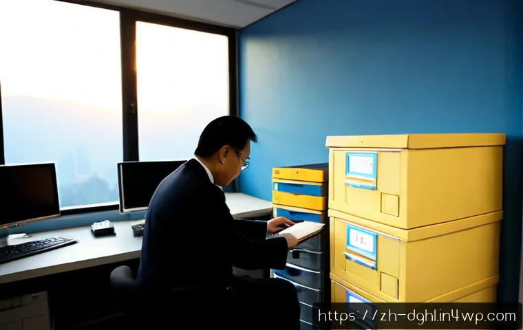 디지털 일몰 프로토콜과 정부 정책 - Photorealistic government digital archive office at sunset, a middle-aged East Asian policy analyst ...